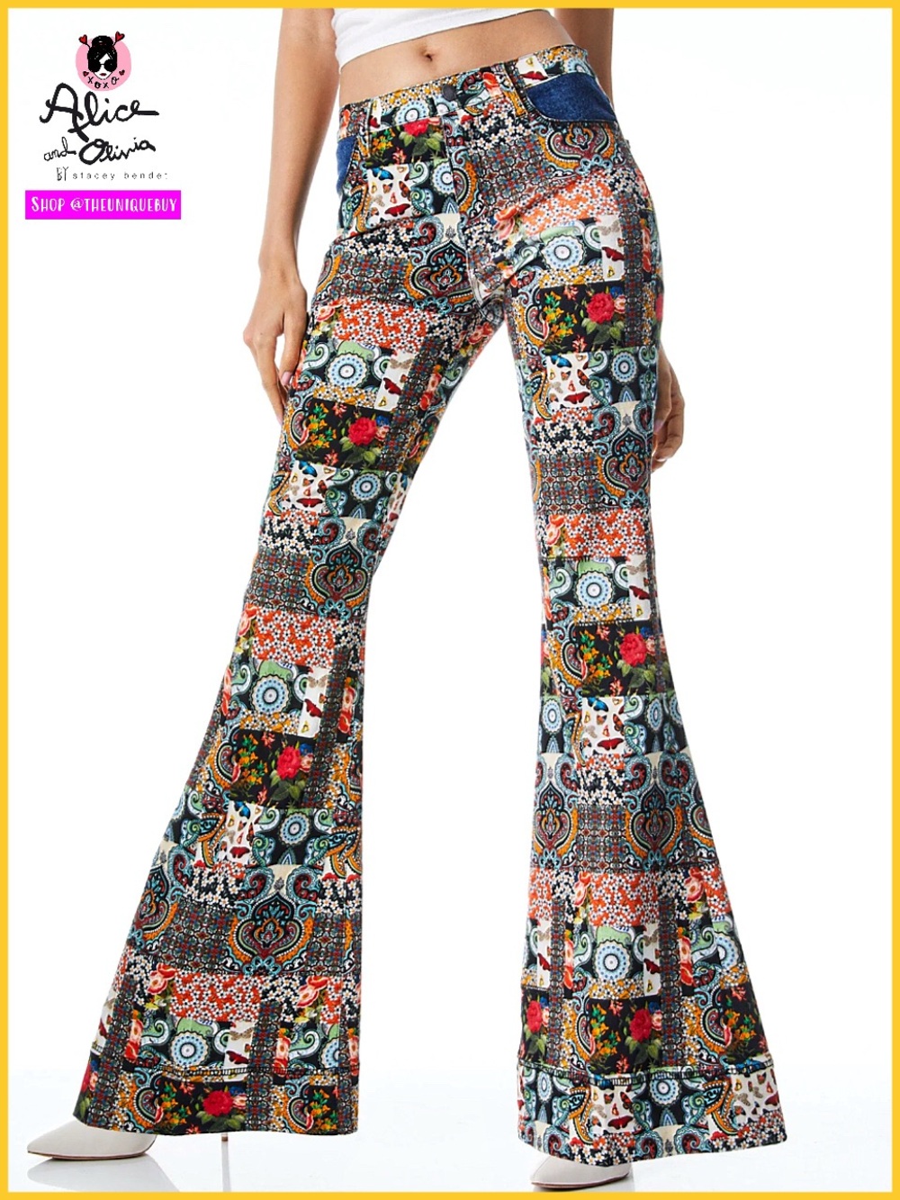 Alice + Olivia Beautiful Patchwork Mid Rise Denim Floral Flared Bell Jeans